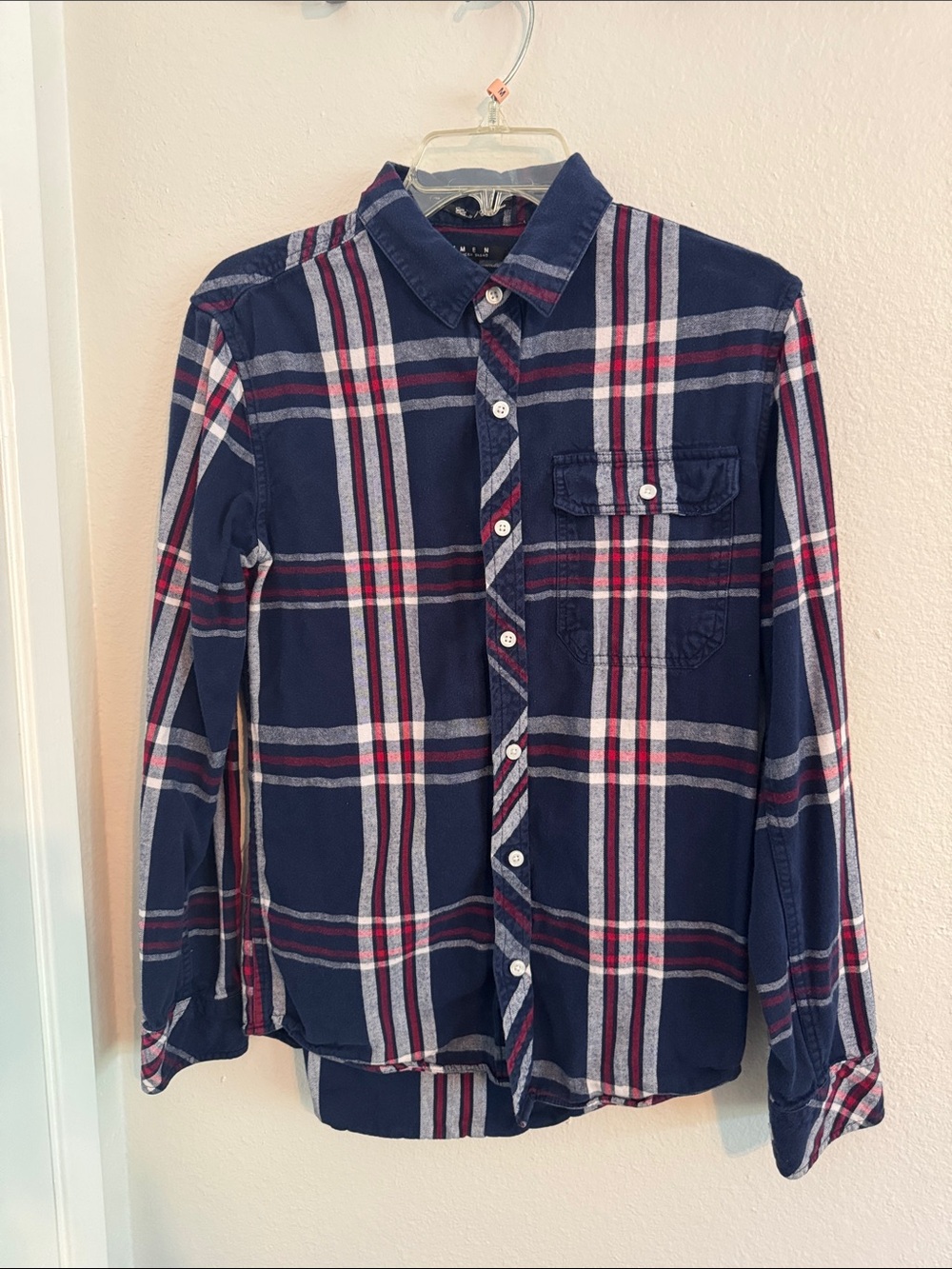 21men Navy Plaid Button-Down Shirt with Red and White Stripes